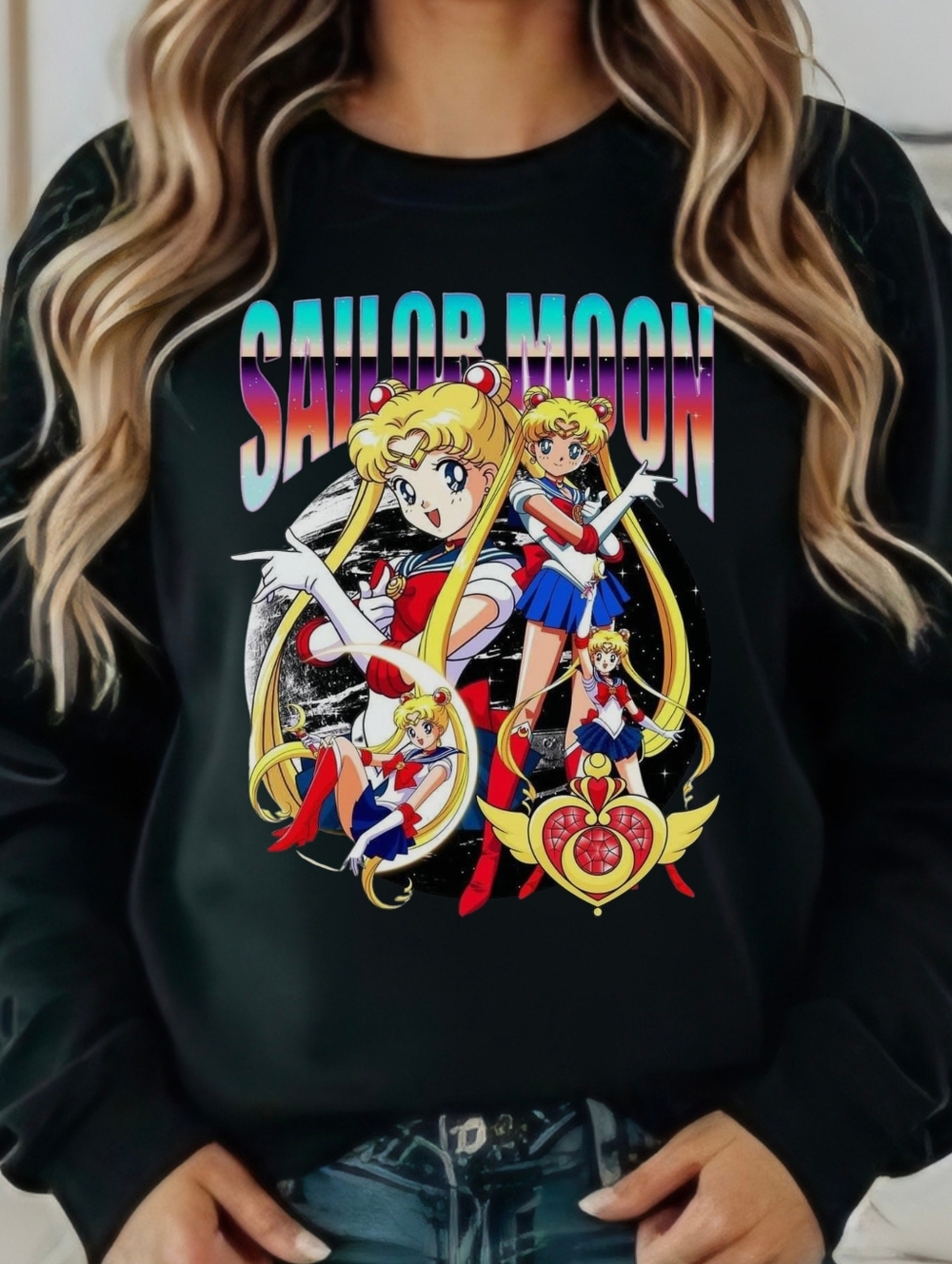 Gildan Black Sailor Moon Multicolor Graphic Crewneck